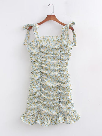 Spring Women Printed Suspender Pleated Dress
