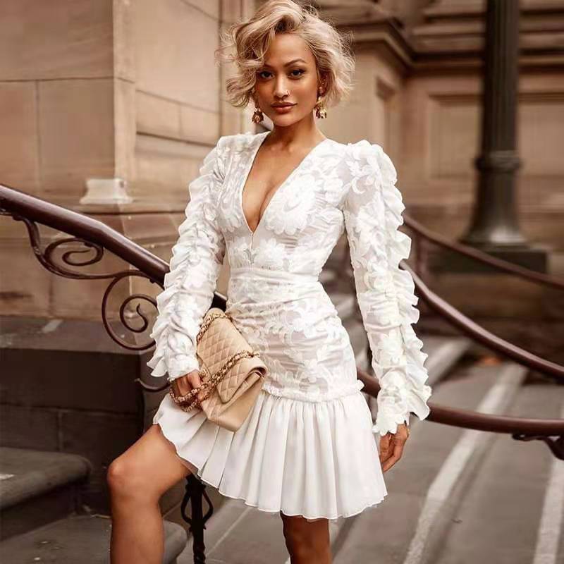Summer Women Clothing Embroidery Dress Sexy Lace Deep V Plunge Dress