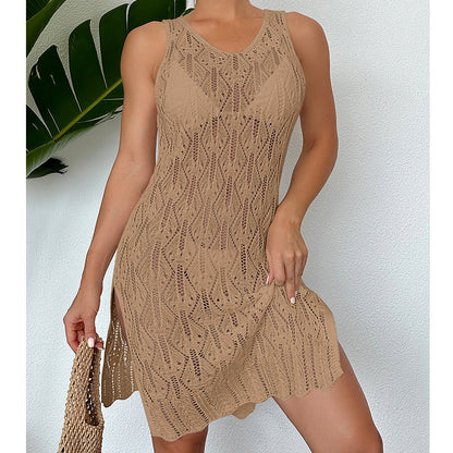 Women Mid Length Sexy Cutout Solid Color Vest Dress Side Slit Beach Dress Crochet hook
