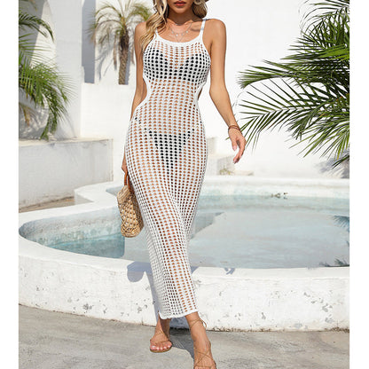Sexy Hollow Out Cutout Waist Long Solid Color Breathable Sling Maxi Dress Beach Sun Shield Dress Crochet hook