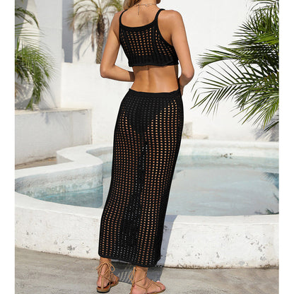 Sexy Hollow Out Cutout Waist Long Solid Color Breathable Sling Maxi Dress Beach Sun Shield Dress Crochet hook