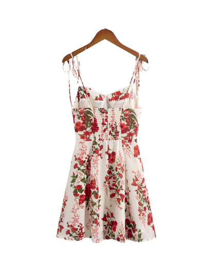 Summer French Tied Spaghetti Strap Short Dress High Grade Backless Red Floral Retro V neck Women Dress