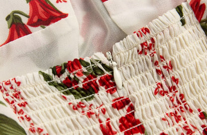 Summer French Tied Spaghetti Strap Short Dress High Grade Backless Red Floral Retro V neck Women Dress