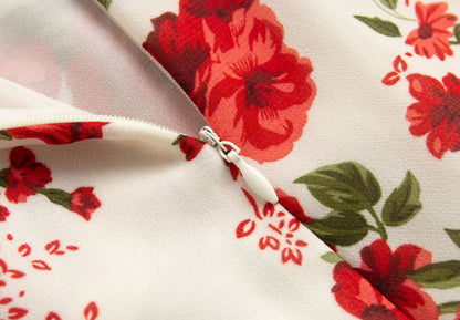 Summer French Tied Spaghetti Strap Short Dress High Grade Backless Red Floral Retro V neck Women Dress