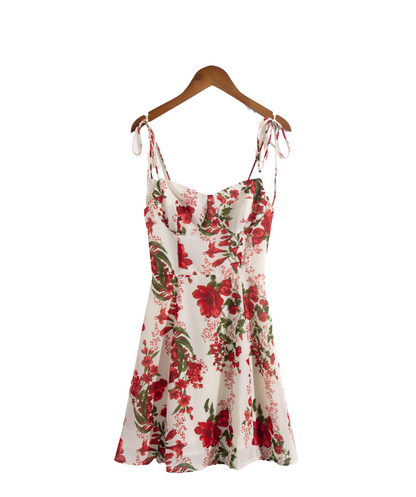 Summer French Tied Spaghetti Strap Short Dress High Grade Backless Red Floral Retro V neck Women Dress