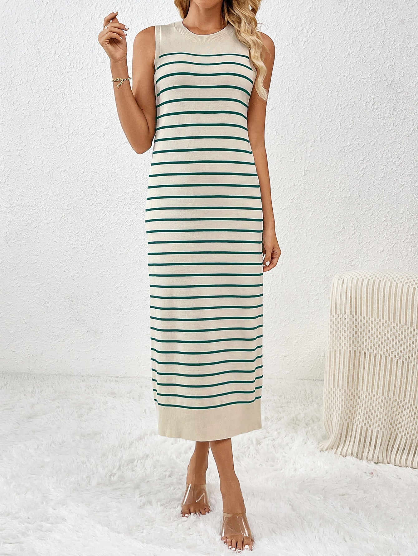 Spring Summer Slim Sleeveless Splicing Pullover Striped Women Knitwear
