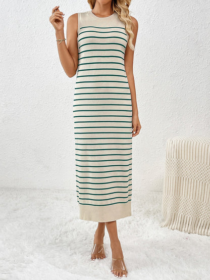Spring Summer Slim Sleeveless Splicing Pullover Striped Women Knitwear