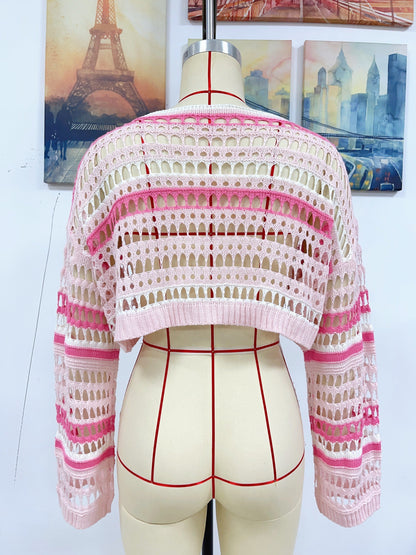 Spring Summer Women Hollow Out Cutout Striped Stitching Sexy Pullover Women Knitwear