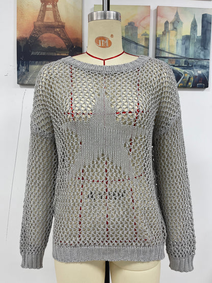 Summer Women Round Neck Five Pointed Star Sexy Cutout Pullover Women Knitwear