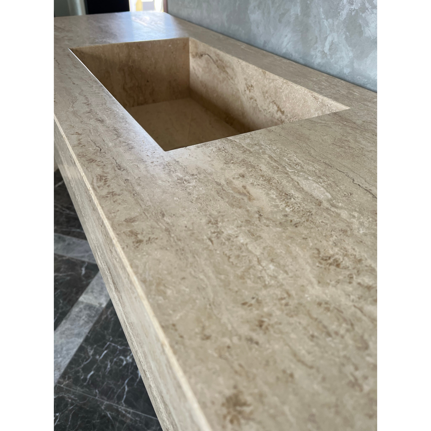 Travertine Beige Handcrafted Custom Bathroom Vanity Sink - Vein-Cut Natural Stone