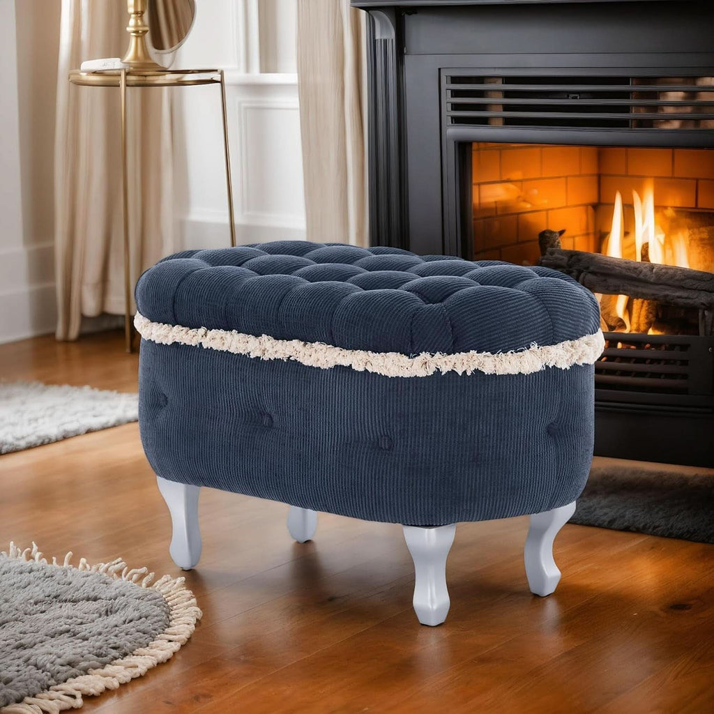 Blue 29.5 Inch Upholstered Storage Ottoman Cushion