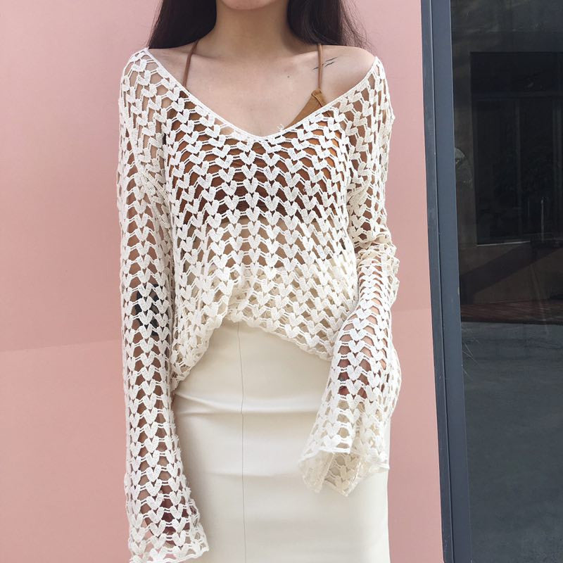 Korean Cotton Thread Hollow Out Cutout Crochet Embroidery Floral Women Long Sleeve Bottoming Shirt Smock Top Sun Protective Blouse
