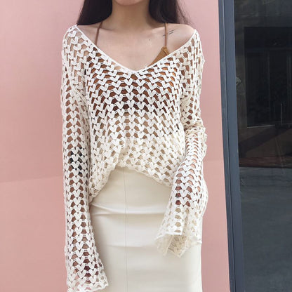 Korean Cotton Thread Hollow Out Cutout Crochet Embroidery Floral Women Long Sleeve Bottoming Shirt Smock Top Sun Protective Blouse