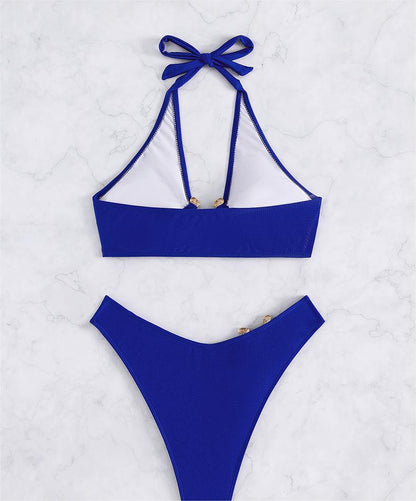 Sexy Split Swimsuit Metal Accessories Bikini Solid Color Tube Top High Waist Women Swimsuit