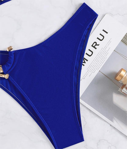 Sexy Split Swimsuit Metal Accessories Bikini Solid Color Tube Top High Waist Women Swimsuit