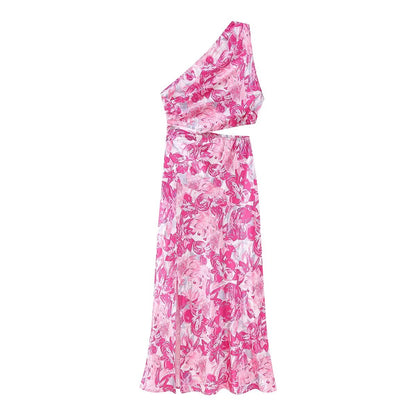 Spring Women Pink Oblique Shoulder Printed Cropped Outfit Sleeveless Dress