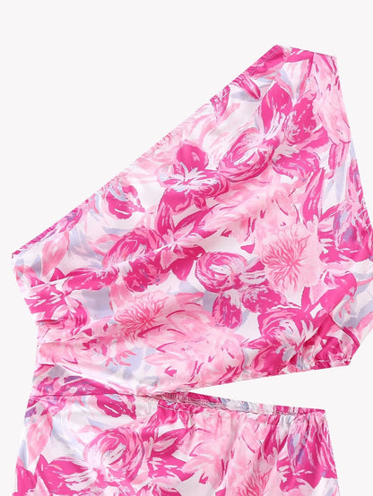 Spring Women Pink Oblique Shoulder Printed Cropped Outfit Sleeveless Dress