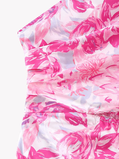 Spring Women Pink Oblique Shoulder Printed Cropped Outfit Sleeveless Dress