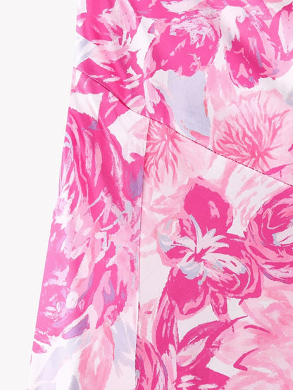 Spring Women Pink Oblique Shoulder Printed Cropped Outfit Sleeveless Dress