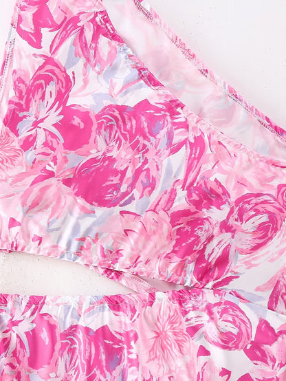 Spring Women Pink Oblique Shoulder Printed Cropped Outfit Sleeveless Dress