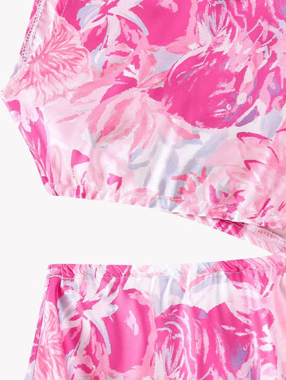 Spring Women Pink Oblique Shoulder Printed Cropped Outfit Sleeveless Dress