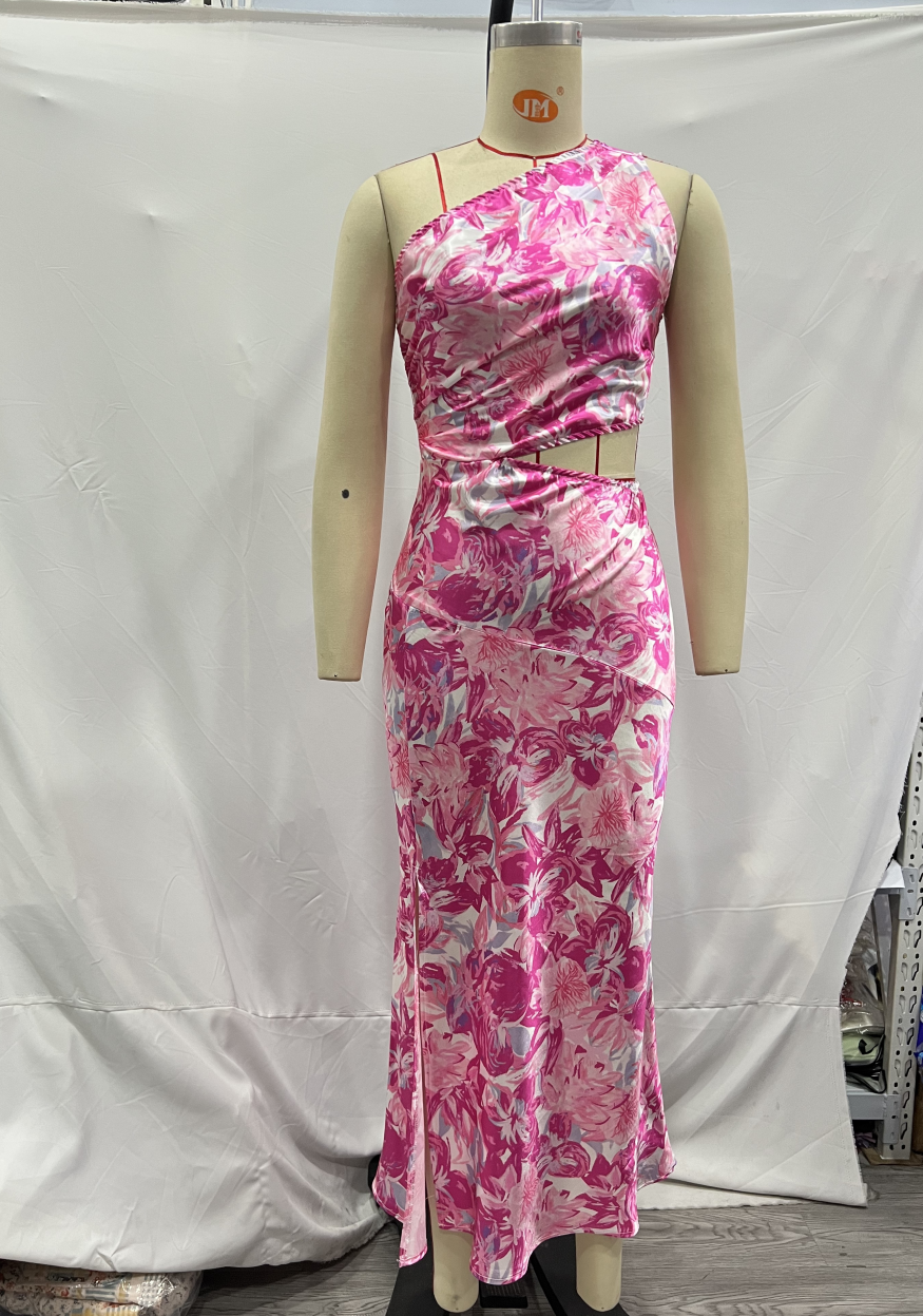 Spring Women Pink Oblique Shoulder Printed Cropped Outfit Sleeveless Dress