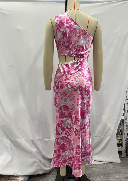 Spring Women Pink Oblique Shoulder Printed Cropped Outfit Sleeveless Dress