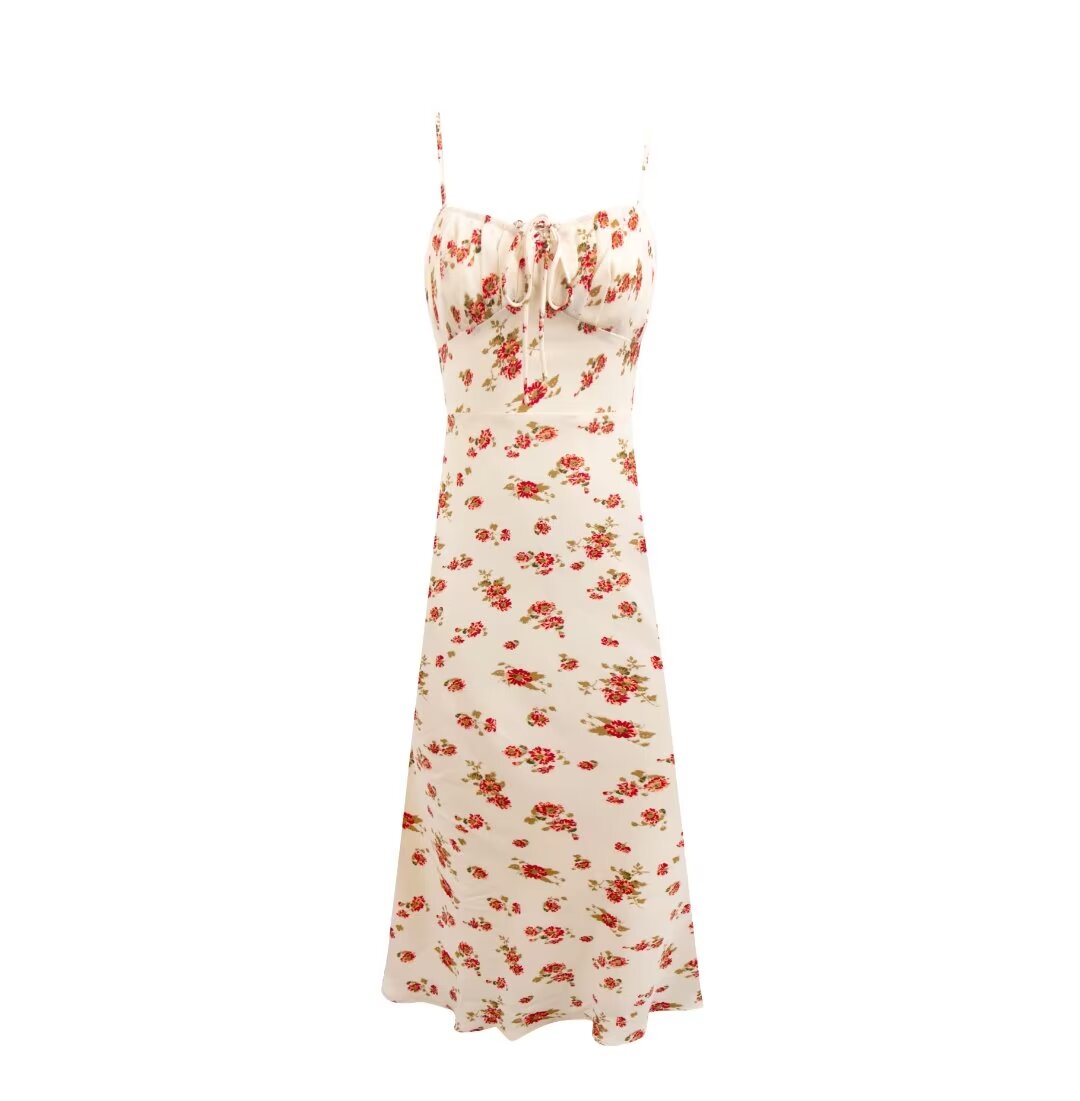 Early Spring Pastoral Beige Bottom Small Floral Holiday Casual Strap Dress