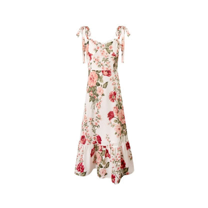 Spring Retro Vacation Floral Printing White Background Lace up Sleeveless Cami Dress