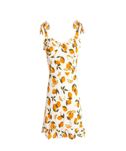 Summer Slim V Neck Fruit Printed Shoulder Tied Spaghetti Strap Dress Short Dress