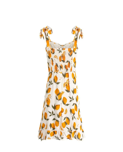 Summer Slim V Neck Fruit Printed Shoulder Tied Spaghetti Strap Dress Short Dress