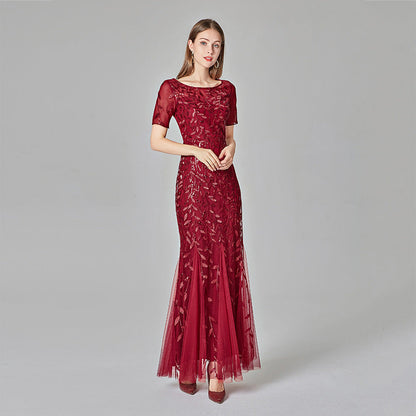 Summer Autumn Banquet Host Slim Mesh Sequ Evening Dress Fishtail Dress for Women
