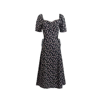 French Retro Square Collar Puff Sleeve Printed Dress Women Slim High Waist Lace up Midi Spring Summer