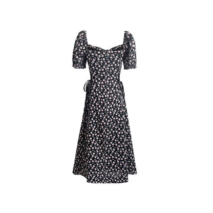 French Retro Square Collar Puff Sleeve Printed Dress Women Slim High Waist Lace up Midi Spring Summer