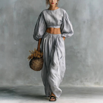 Women's Puff-Sleeve Crew-Neck Two-Piece Set with Pockets