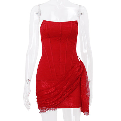 Fall Women Clothing Sexy Lace Boning Corset off Shoulder Tube Top Slightly Transparent Slim Fit Dress Women