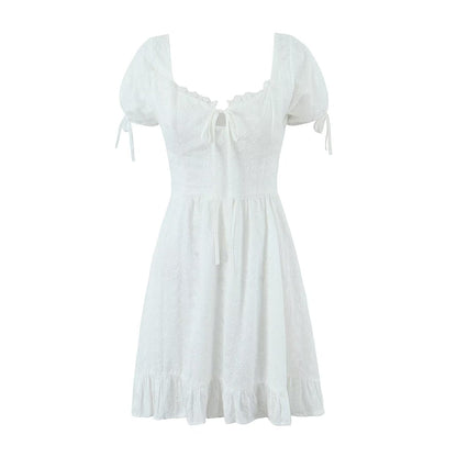 Summer Short Sleeve Ruffled Lace Lace Lace Dress Square Collar Short Dress Women Clothing
