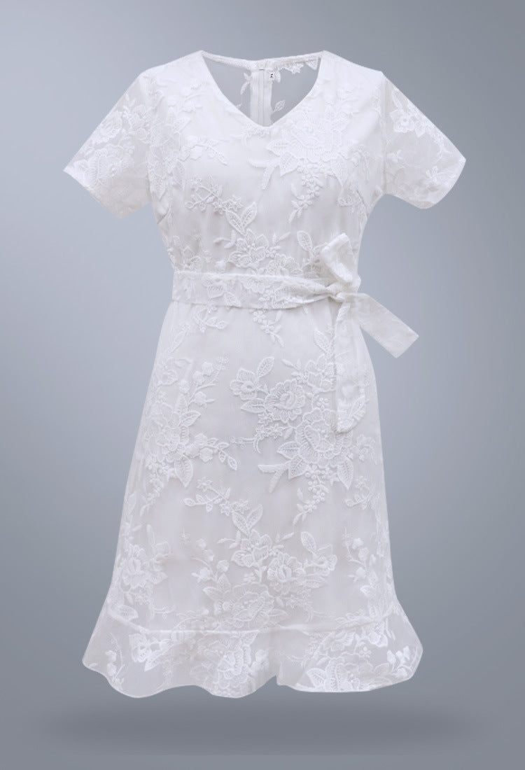 Women Clothing Sexy Lace Lace Up V Neck Dress Short