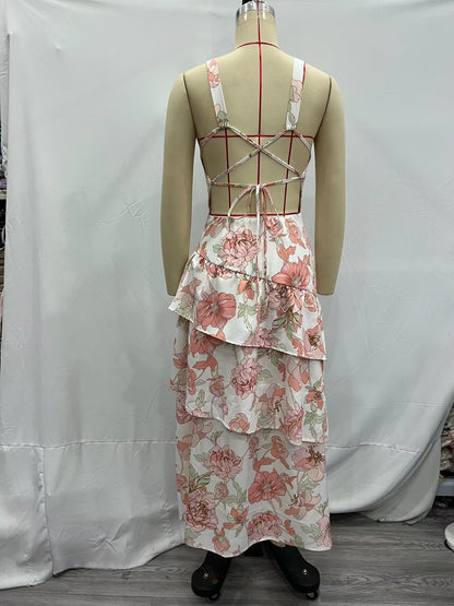 Summer Women Clothing Printed Asymmetric Tiered Dress