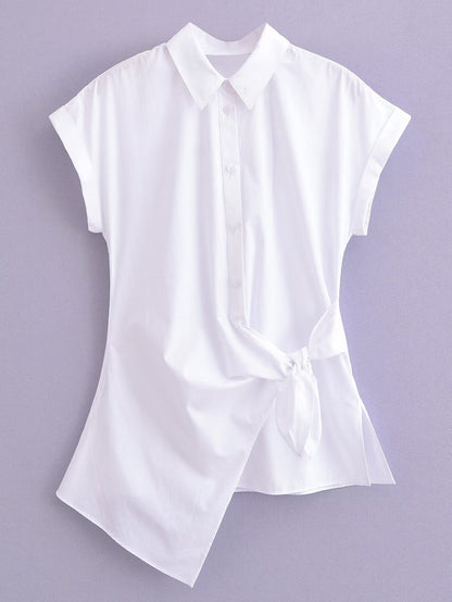 Spring Summer Type Elegant Retro Design Lace up White Shirt Poplin Shirt Women Tops