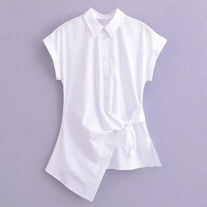 Spring Summer Type Elegant Retro Design Lace up White Shirt Poplin Shirt Women Tops