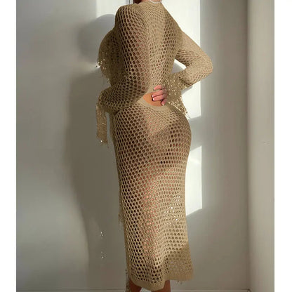 Hollow Out Cutout Knitted Sequin Tassel round Neck Cropped Outfit Long Sleeve Vacation Dress Swimsuit Blouse Sun Protection Clothing Dress Crochet hook