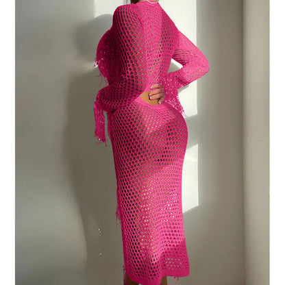 Hollow Out Cutout Knitted Sequin Tassel round Neck Cropped Outfit Long Sleeve Vacation Dress Swimsuit Blouse Sun Protection Clothing Dress Crochet hook