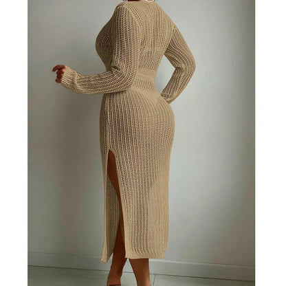 Sexy Hollow Out Cutout Knitted Deep V Plunge Lace up Waist Controlled Long Sleeve Split Skirt Vacation Dress Swimsuit Blouse Crochet hook