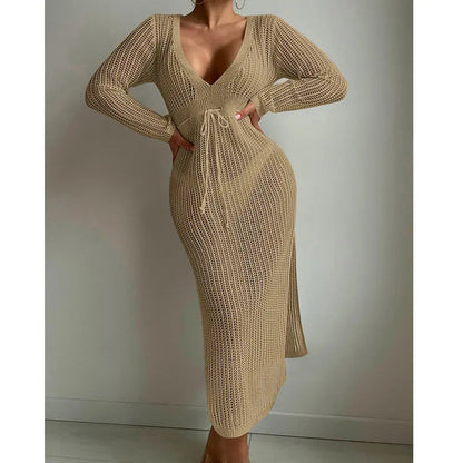 Sexy Hollow Out Cutout Knitted Deep V Plunge Lace up Waist Controlled Long Sleeve Split Skirt Vacation Dress Swimsuit Blouse Crochet hook