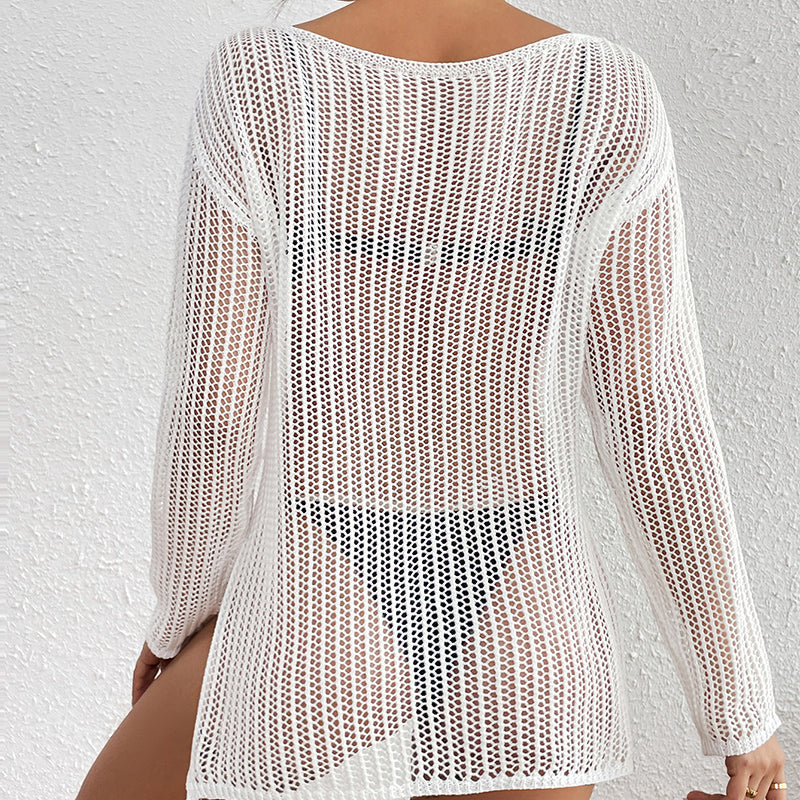 Mid Length Loose Diagonal Collar Pullover Knitting Hollow Out Cutout out See through Sexy Beach Sunscreen Beach Cover Up Crochet hook