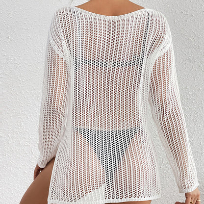 Mid Length Loose Diagonal Collar Pullover Knitting Hollow Out Cutout out See through Sexy Beach Sunscreen Beach Cover Up Crochet hook