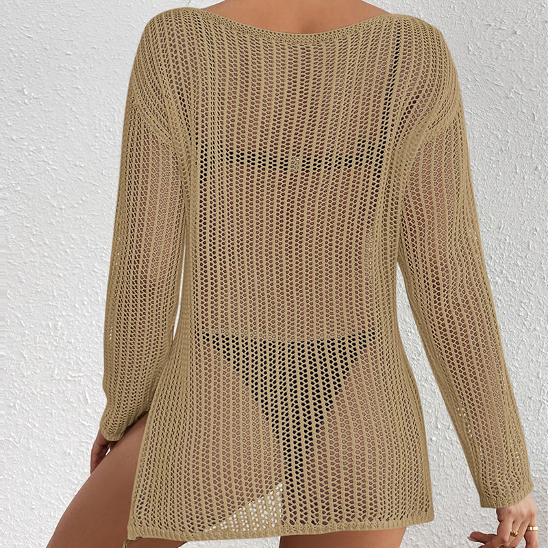 Mid Length Loose Diagonal Collar Pullover Knitting Hollow Out Cutout out See through Sexy Beach Sunscreen Beach Cover Up Crochet hook