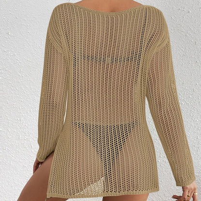 Mid Length Loose Diagonal Collar Pullover Knitting Hollow Out Cutout out See through Sexy Beach Sunscreen Beach Cover Up Crochet hook