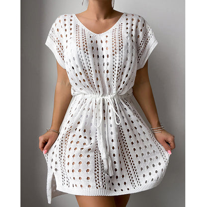 Women Clothes V Neck Hollow Out Cutout Drawstring Slit Sexy Beach Sun Protection Shirt Short Sleeve Loose Blouse Crochet hook